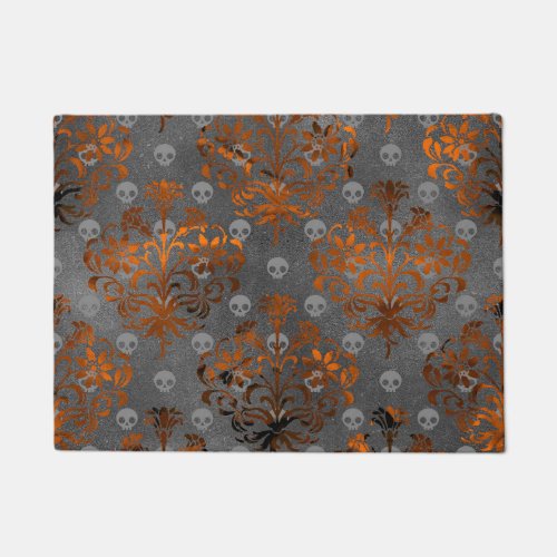 Metallic Orange Damask and Skulls Doormat