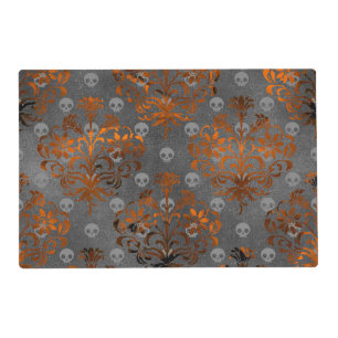 Metallic Orange Damask and Skulls Placemat