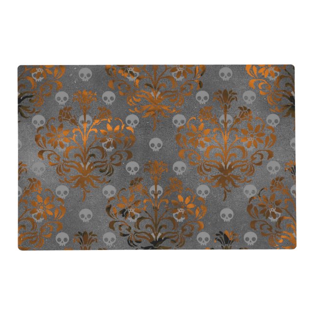 Metallic Orange Damask and Skulls Placemat (Front)