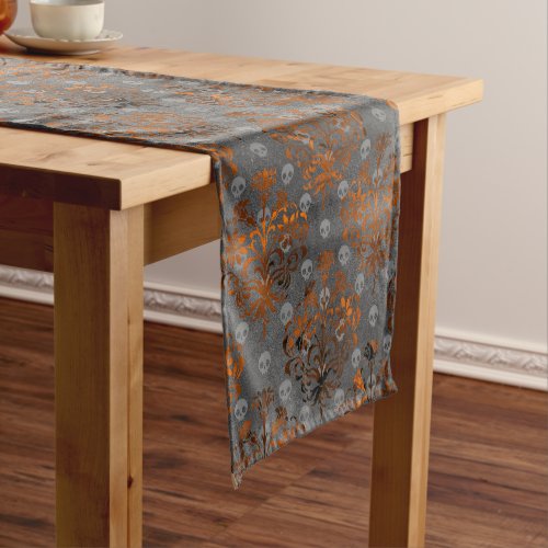 Metallic Orange Damask and Skulls Short Table Runner