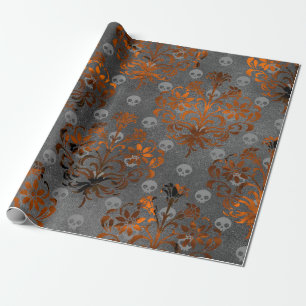 Metallic Orange Damask and Skulls Wrapping Paper