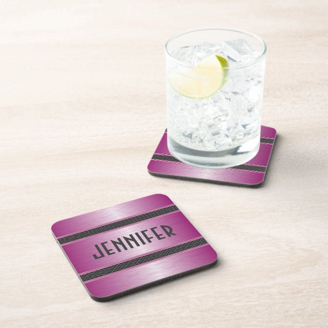 Metallic Pastel Pink Design Brushed Aluminum Look Drink Coaster (Right Side)