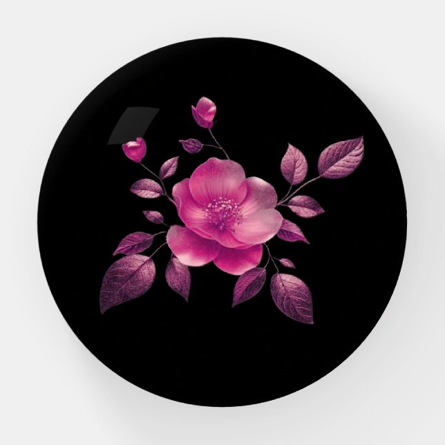 Metallic Pink 3D Cherry Blossom Flower Black Paperweight (Front)