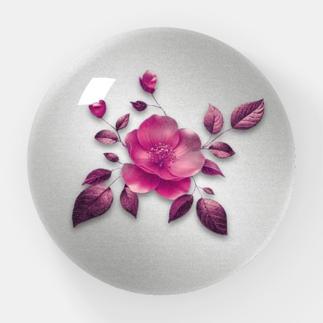 Metallic Pink 3D Cherry Blossom Silver Black Paperweight (Front)