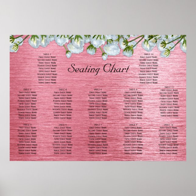 Metallic Pink and White Rose Seating Chart (Front)