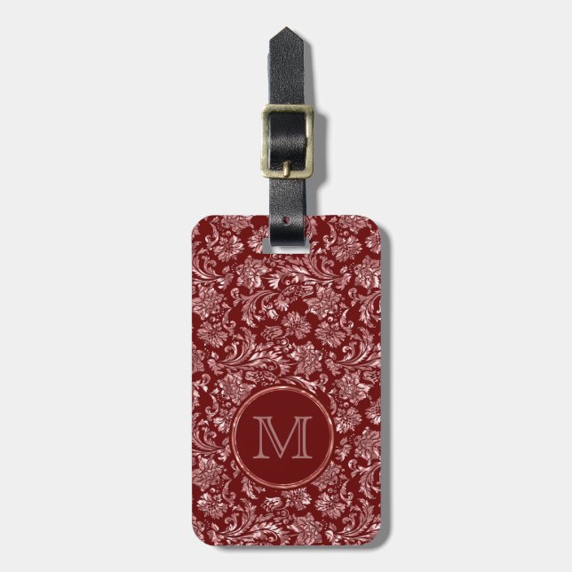 Metallic Pink Damasks Burgundy Background Monogram Luggage Tag (Front Vertical)