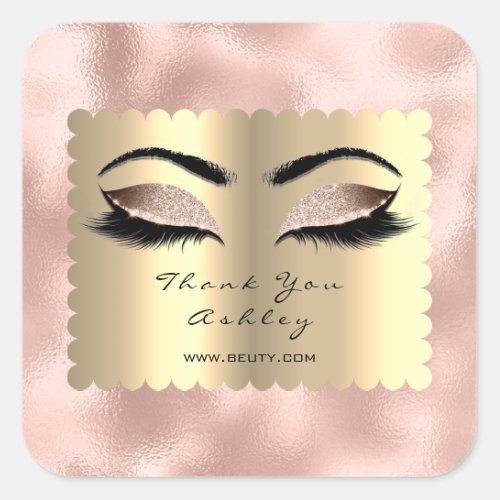 Metallic Pink Glitter Gold Lash Eyes Thank You Square Sticker