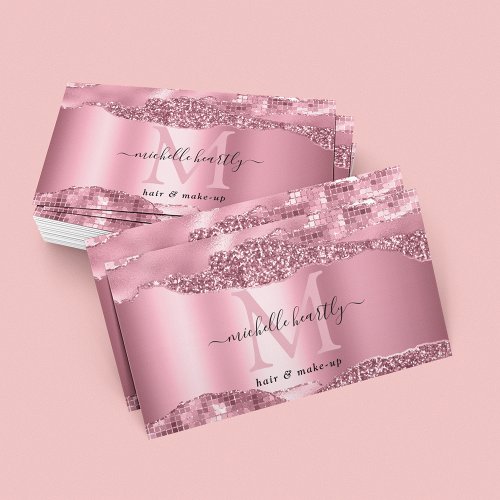 Metallic Pink Glitz  Glam Monogram Business Card