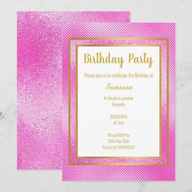METALLIC PINK & GOLD LAYERED EMBOSSED BIRTHDAY INVITATION (Front/Back)