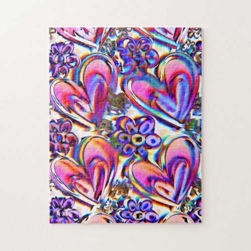Metallic Pink Hearts and Purple Flowers Jigsaw Puzzle