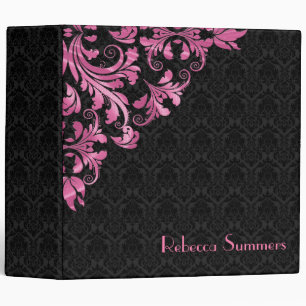Metallic Pink Lace Black Damask Pattern Binder