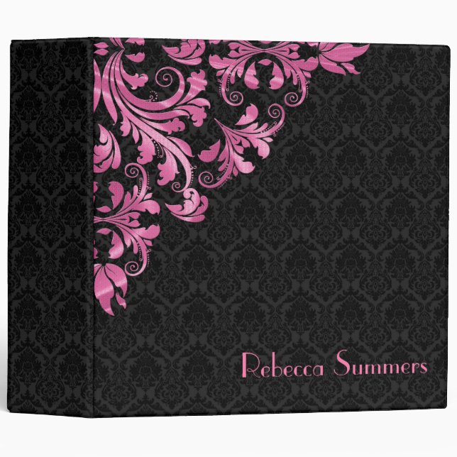 Metallic Pink Lace Black Damask Pattern Binder (Front/Spine)