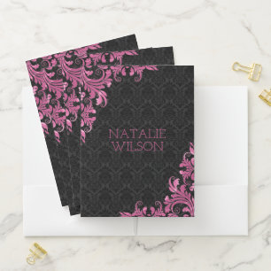 Metallic Pink Lace Black Damasks Pocket Folder