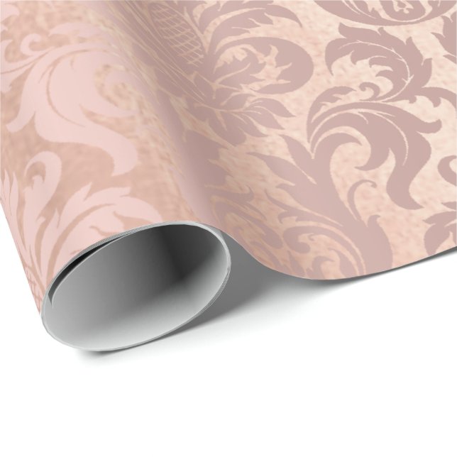 Metallic Pink Rose Gold Blush Peach Copper Damask Wrapping Paper (Roll Corner)