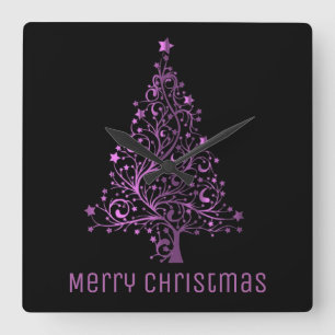 Metallic Pink Stars Christmas Tree Elegant Black Square Wall Clock