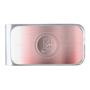 Metallic Pink Steel Engraved Monogram Silver Finish Money Clip