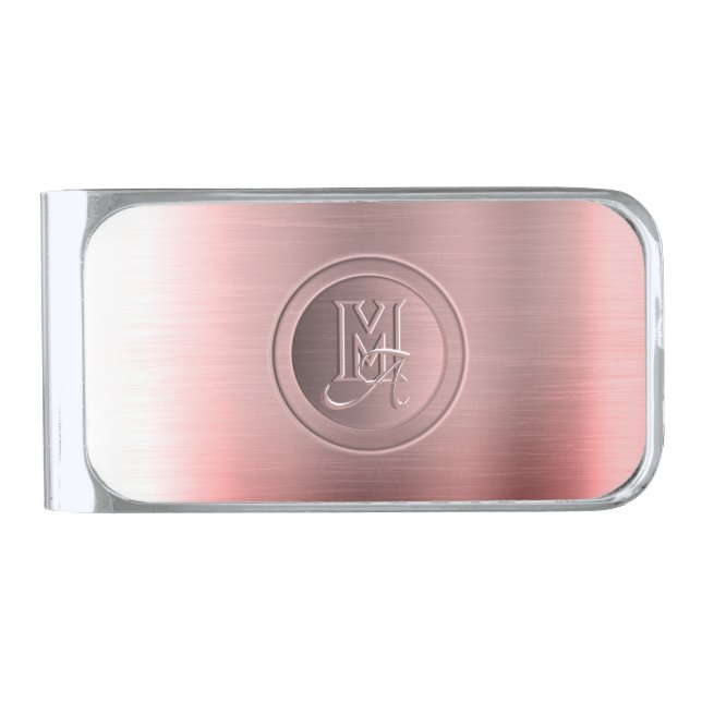 Metallic Pink Steel Engraved Monogram Silver Finish Money Clip (Front)