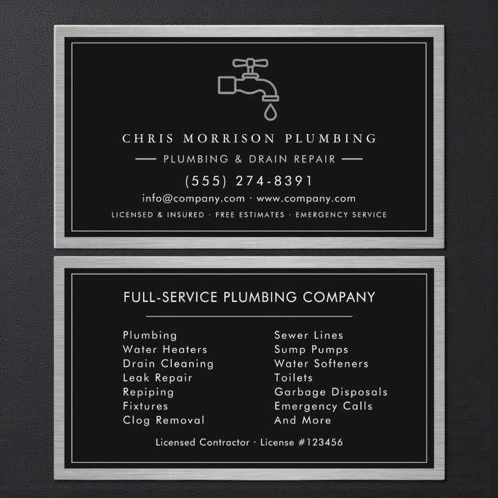 Metallic Plumbing Services Plumber Black Silver Business Card