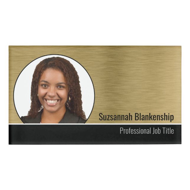 Metallic Professional Brushed Gold Custom Photo Name Tag (Front)