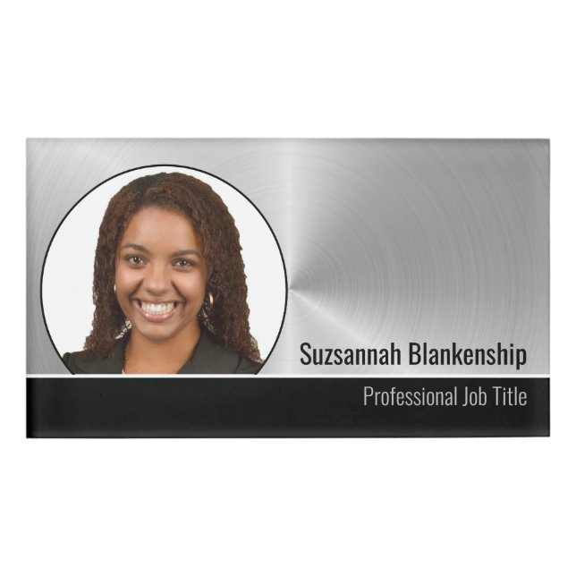 Metallic Professional Silver Flare Custom Photo Name Tag (Front)
