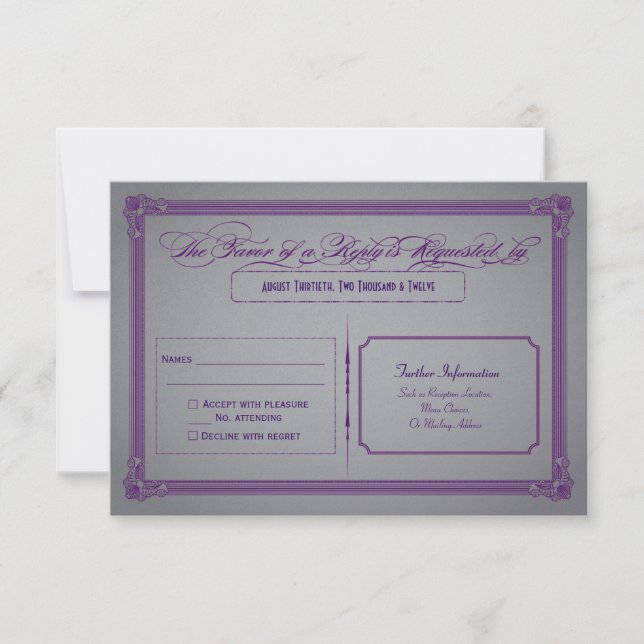 Metallic Purple and Gray Wedding RSVP Card (Front)