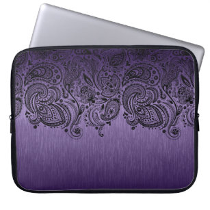 Metallic Purple Background & Black Paisley Lace Laptop Sleeve