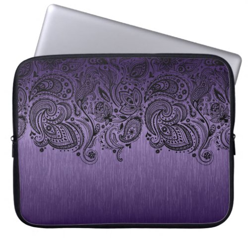 Metallic Purple Background  Black Paisley Lace Laptop Sleeve