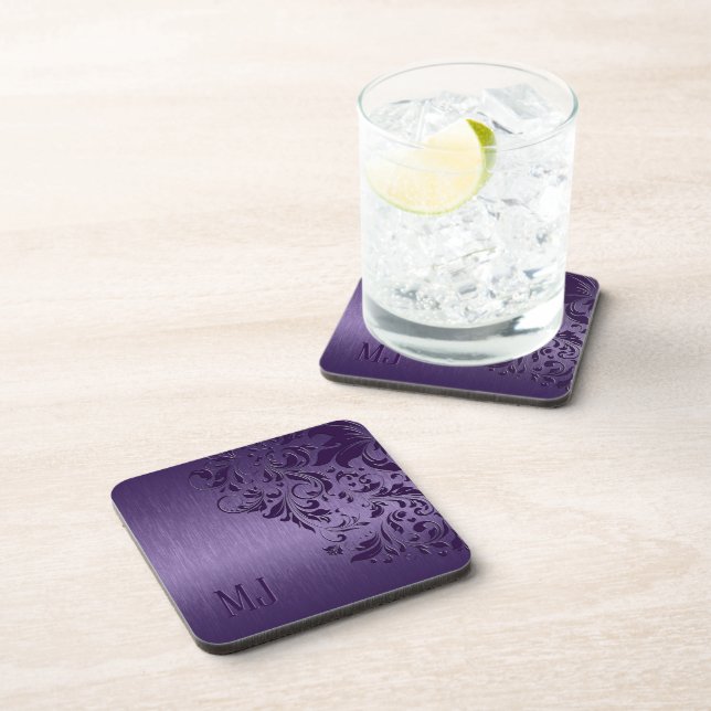 Metallic Purple Brushed Aluminum Purple Lace Beverage Coaster (Right Side)