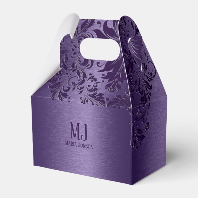 Metallic Purple Brushed Aluminum Purple Lace Favor Boxes (Front Side)