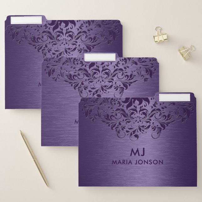 Metallic Purple Brushed Aluminum Purple Lace File Folder (Set)