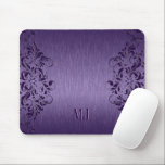Metallic Purple Brushed Aluminum Purple Lace Mouse Pad<br><div class="desc">Deep purple tones metallic brushed aluminum look with darker purple floral lace.</div>