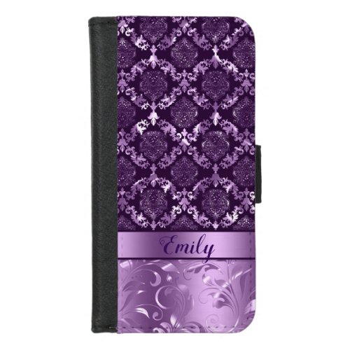 Metallic Purple Damask  Swirls 2 iPhone 87 Wallet Case