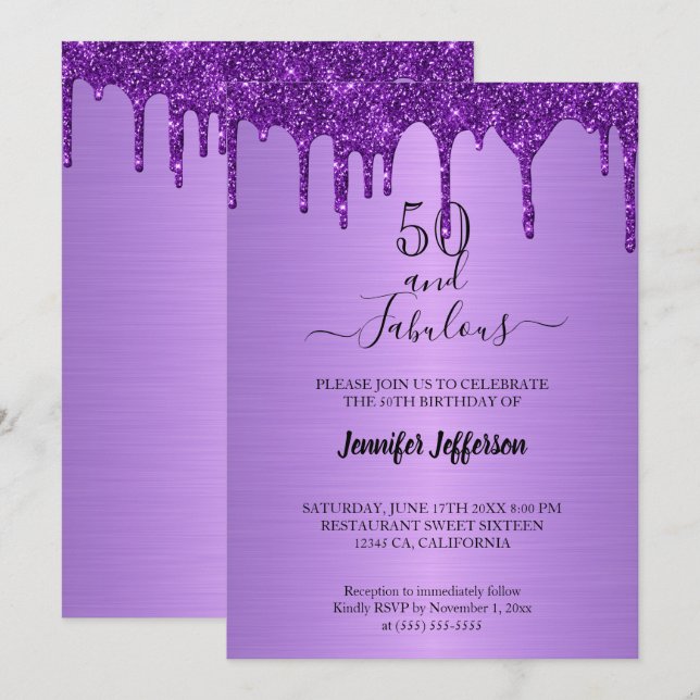 Metallic purple glitter Birthday Invitation (Front/Back)