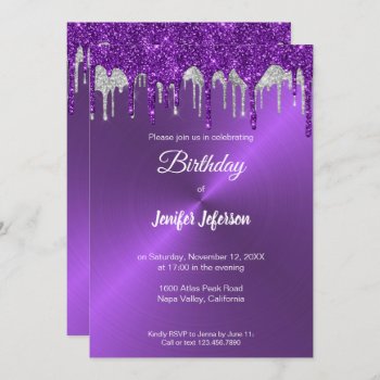 Metallic Purple Glitter Birthday Invitation by aquachild at Zazzle