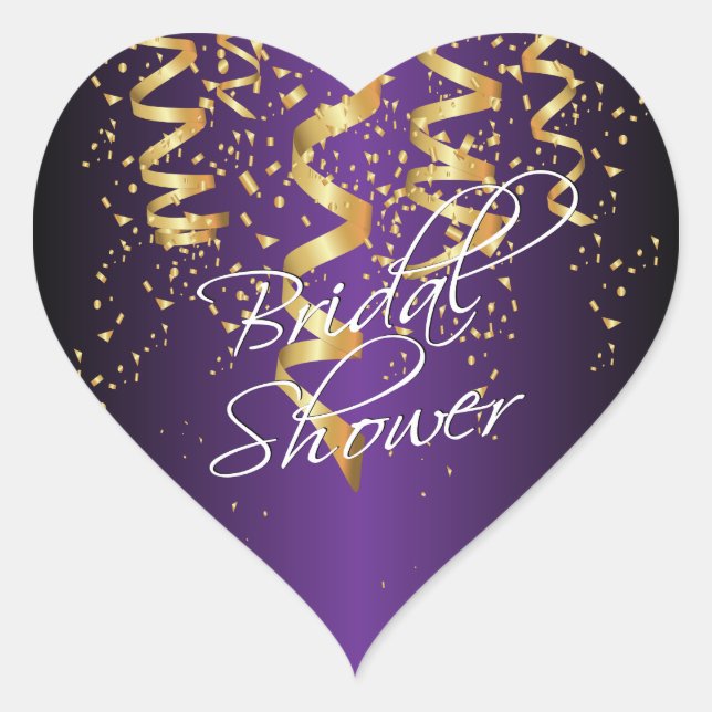 Metallic Purple Gold Confetti Bridal Shower Heart Sticker (Front)