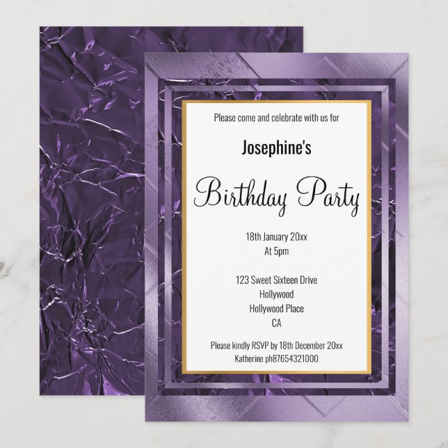 METALLIC PURPLE LILAC LAYER FOIL BIRTHDAY INVITATION (Front/Back)