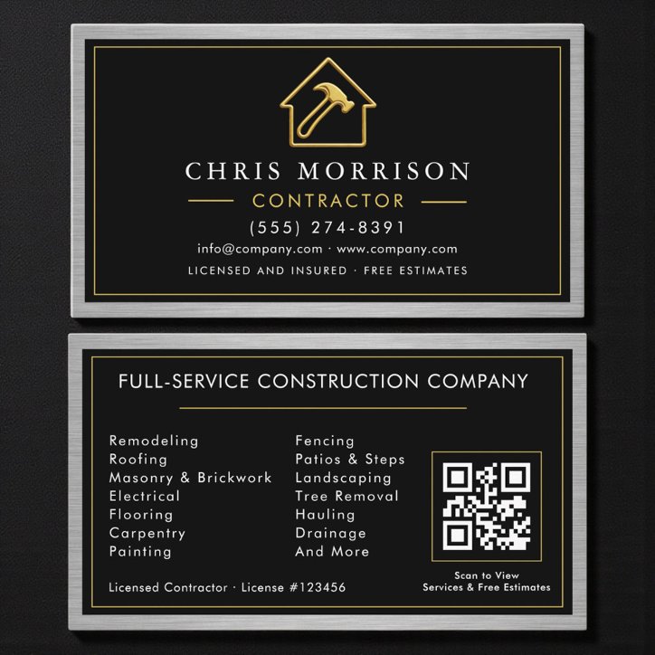 Metallic QR Code Black Building Construction Business Card