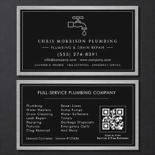 Metallic QR Code Plumbing Services Black Silver  Business Card