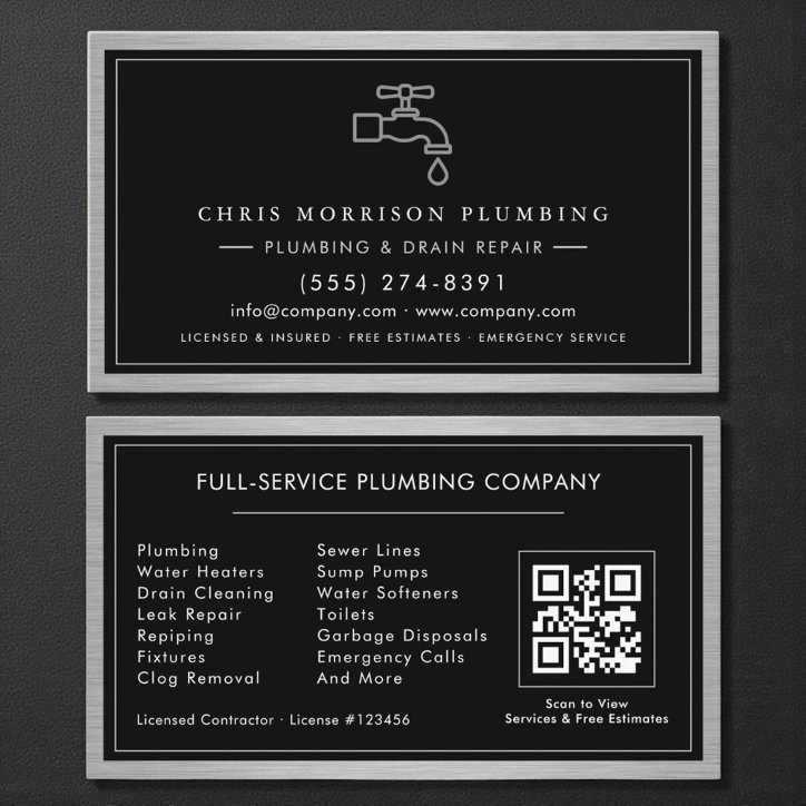 Metallic QR Code Plumbing Services Black Silver Business Card