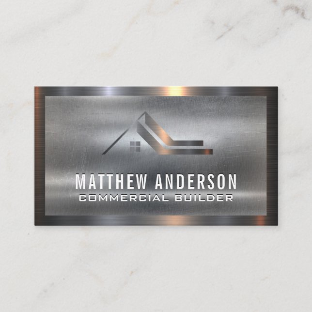 Metallic Real Estate Logo | Metal Background Business Card (Front)
