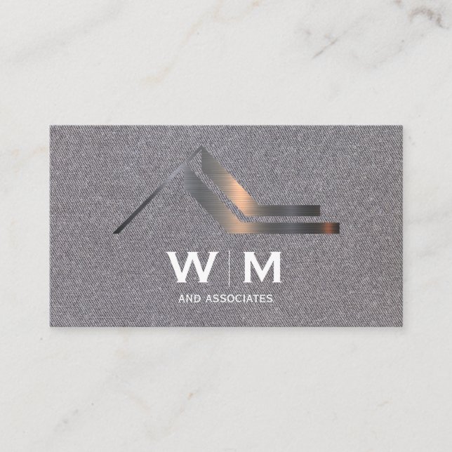 Metallic Real Estate Roof Logo | Linen Background Business Card (Front)