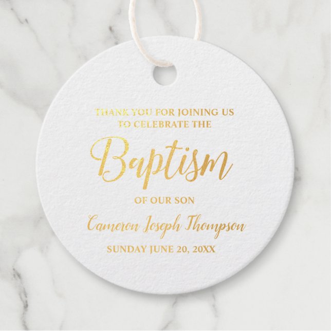 Metallic real Gold Baptism Baby boy Thank you Foil Favor Tags (Front)