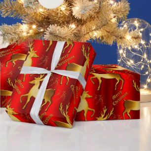 Metallic Red and Golden Reindeer Christmas Wrapping Paper