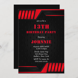Metallic Red Black 13th Birthday Party Invites