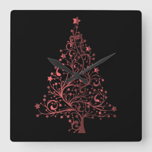 Metallic Red Black Stars Christmas Tree Elegant Square Wall Clock