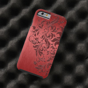 Metallic Red Brushed Aluminum & Dark Red Lace Tough iPhone 6 Case