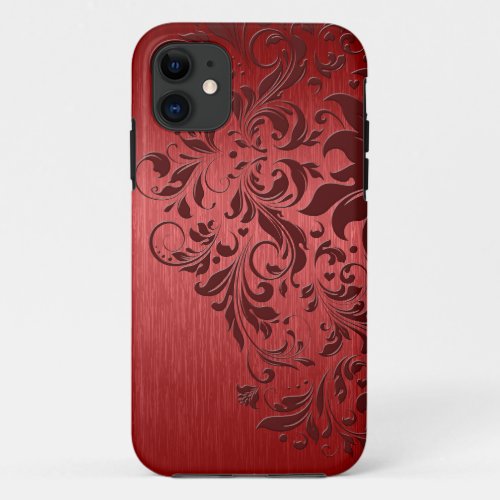 Metallic Red Brushed Aluminum  Dark Red Lace iPhone 11 Case