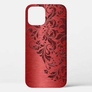 Metallic Red Brushed Aluminum & Dark Red Lace iPhone 12 Pro Case
