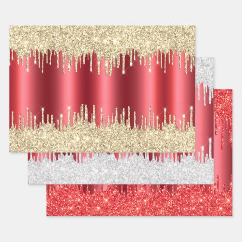 Metallic Red Christmas Dripping Glitter Combo Pack Wrapping Paper Sheets