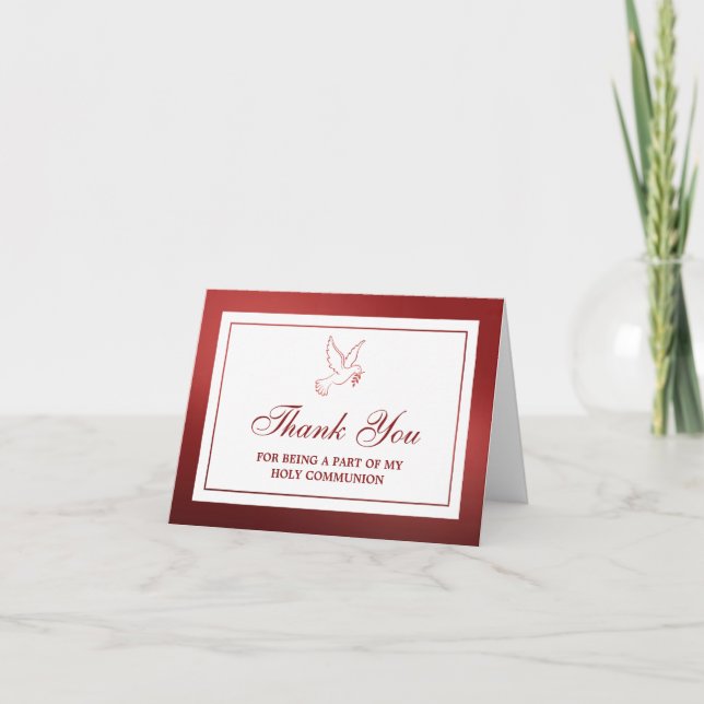 Metallic Red Dove Holy Communion Or Confirmation Thank You Card (Front)